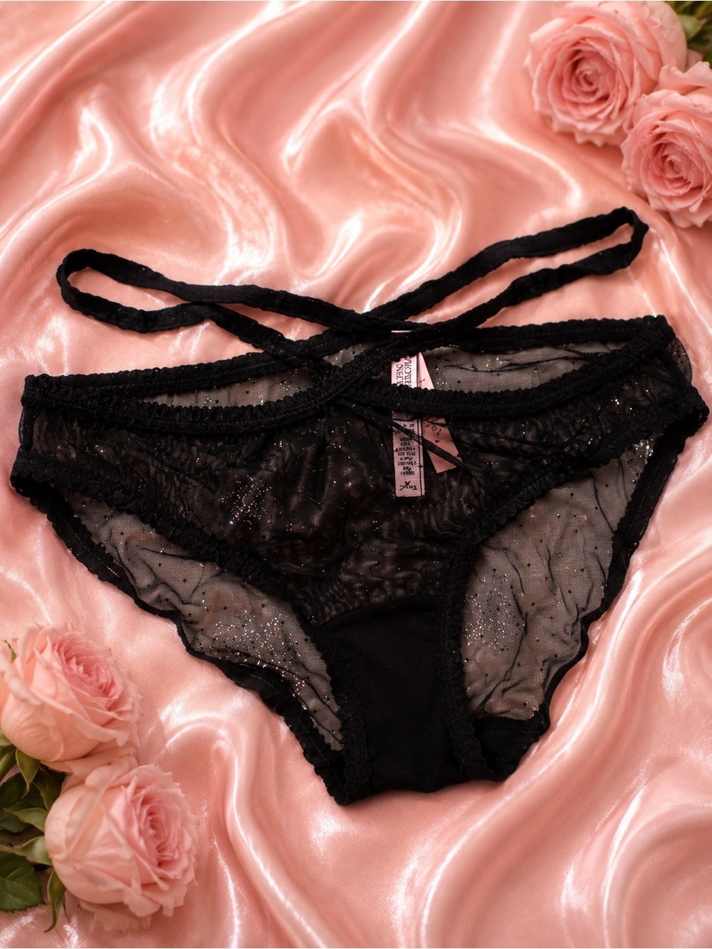 Victoria’s Secret Strappy Ruffle Mesh Bikini Panty Black Sheer Sparkle Lace NWT